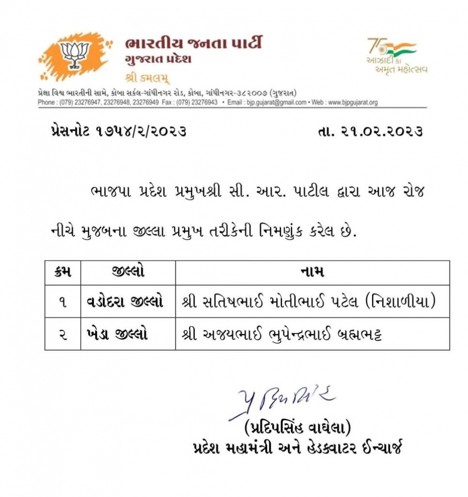 વડોદરા અને ખેડામાં નવા પ્રમુખ -humdekhengenews