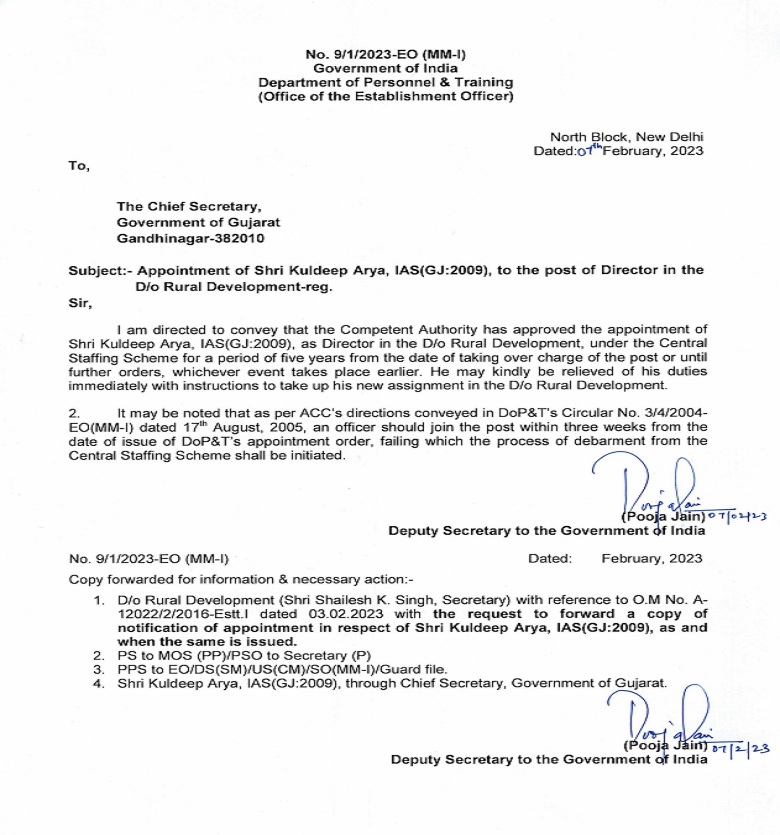 IAS Kuldeep Arya appointment letter