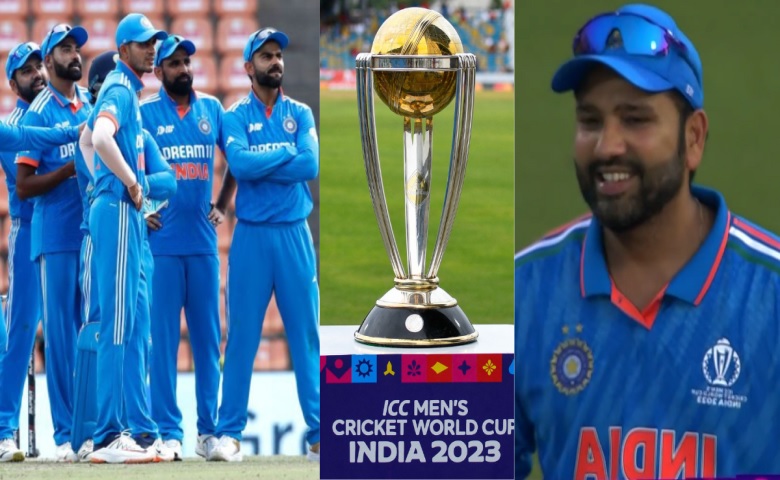 Rohit Sharma and gold World Cup trophy