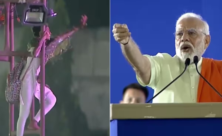 Girl climbs pole in PM Modi's rally